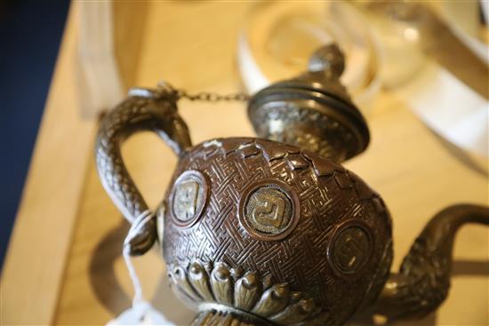 A Tibetan bronze and brass repousse work water sprinkler, 19th century, H. 21cm